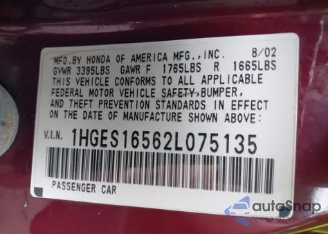 2002 Honda Civic Lx из США, поврежденный, VIN 1HGES16562L075135